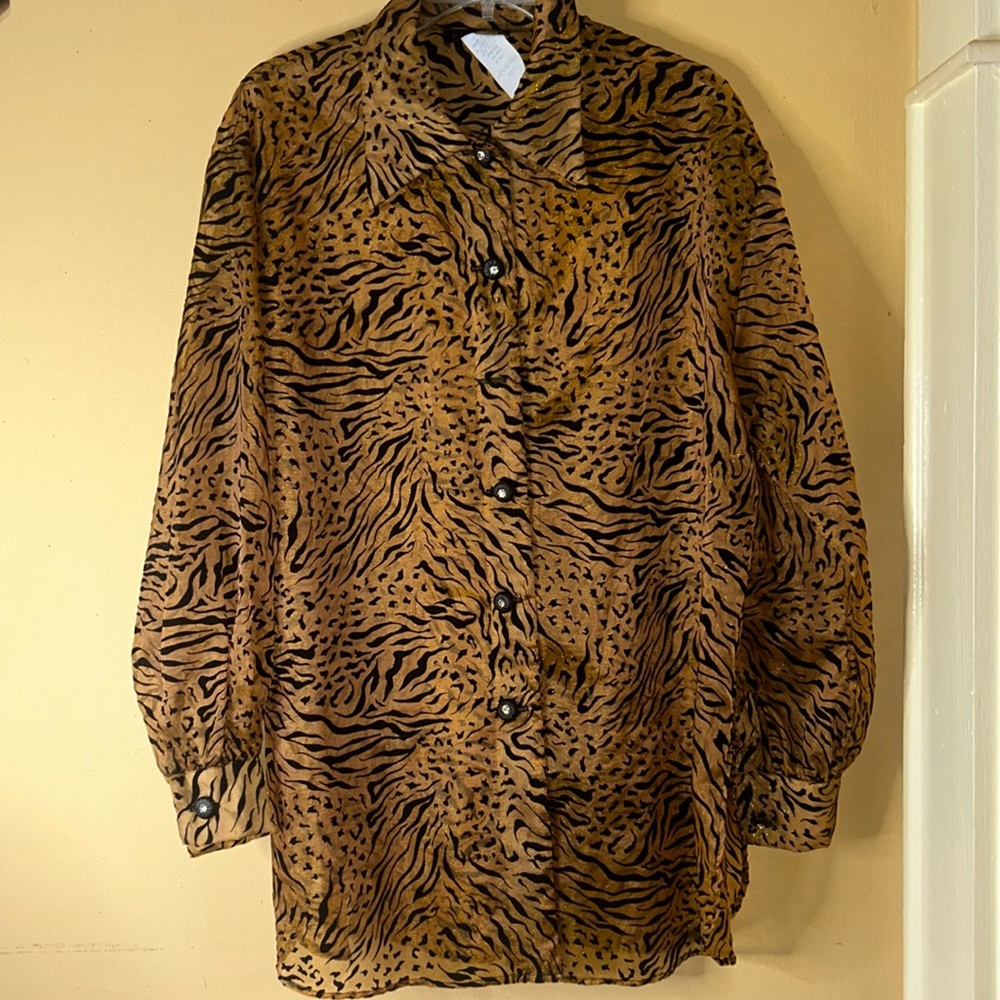 DIAHANN CARROLL Black  Button Down Shirt with Animal Print and Long Sleeves
